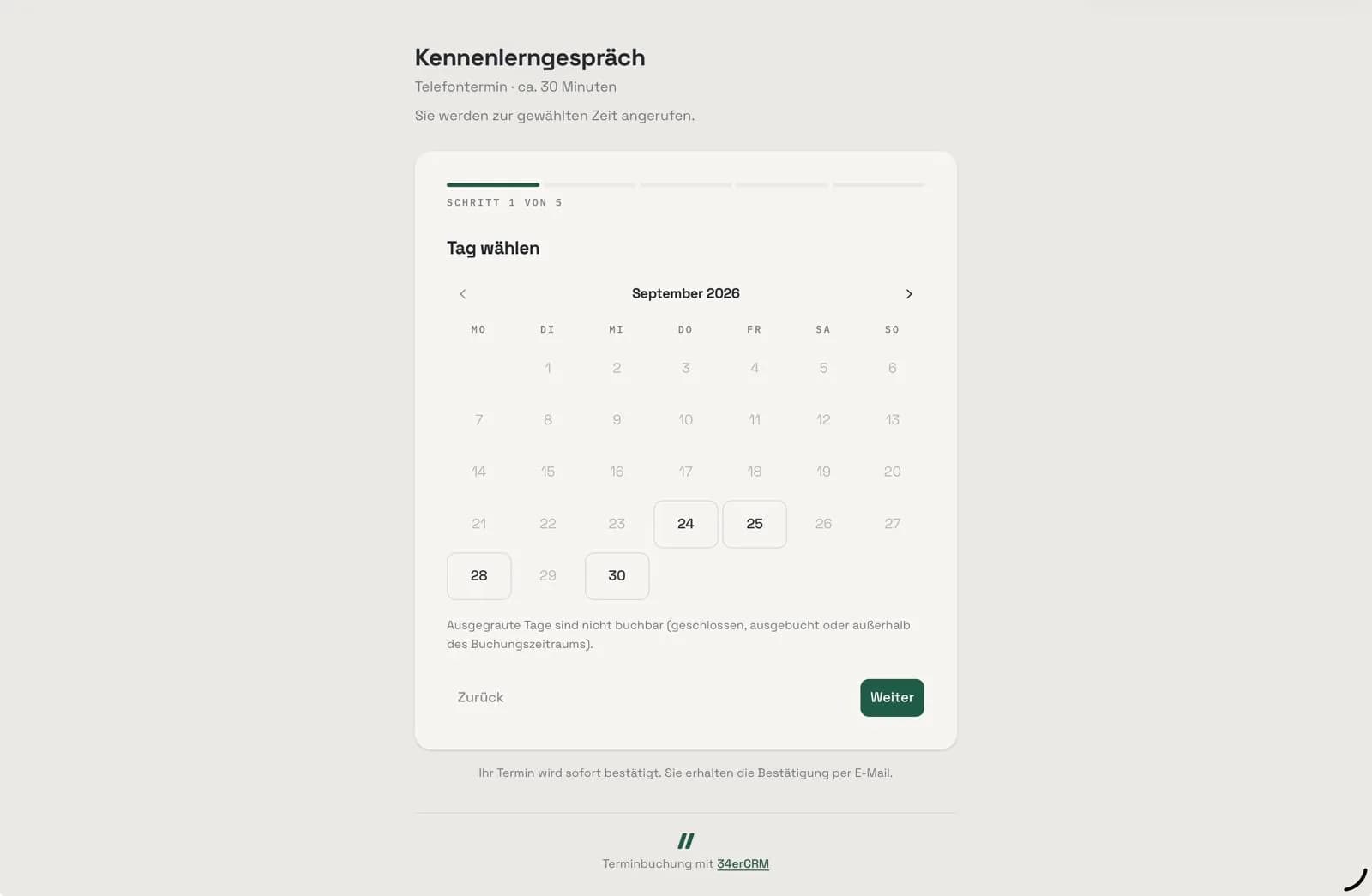 Eine öffentliche Buchungsseite mit auswählbaren freien Terminen.