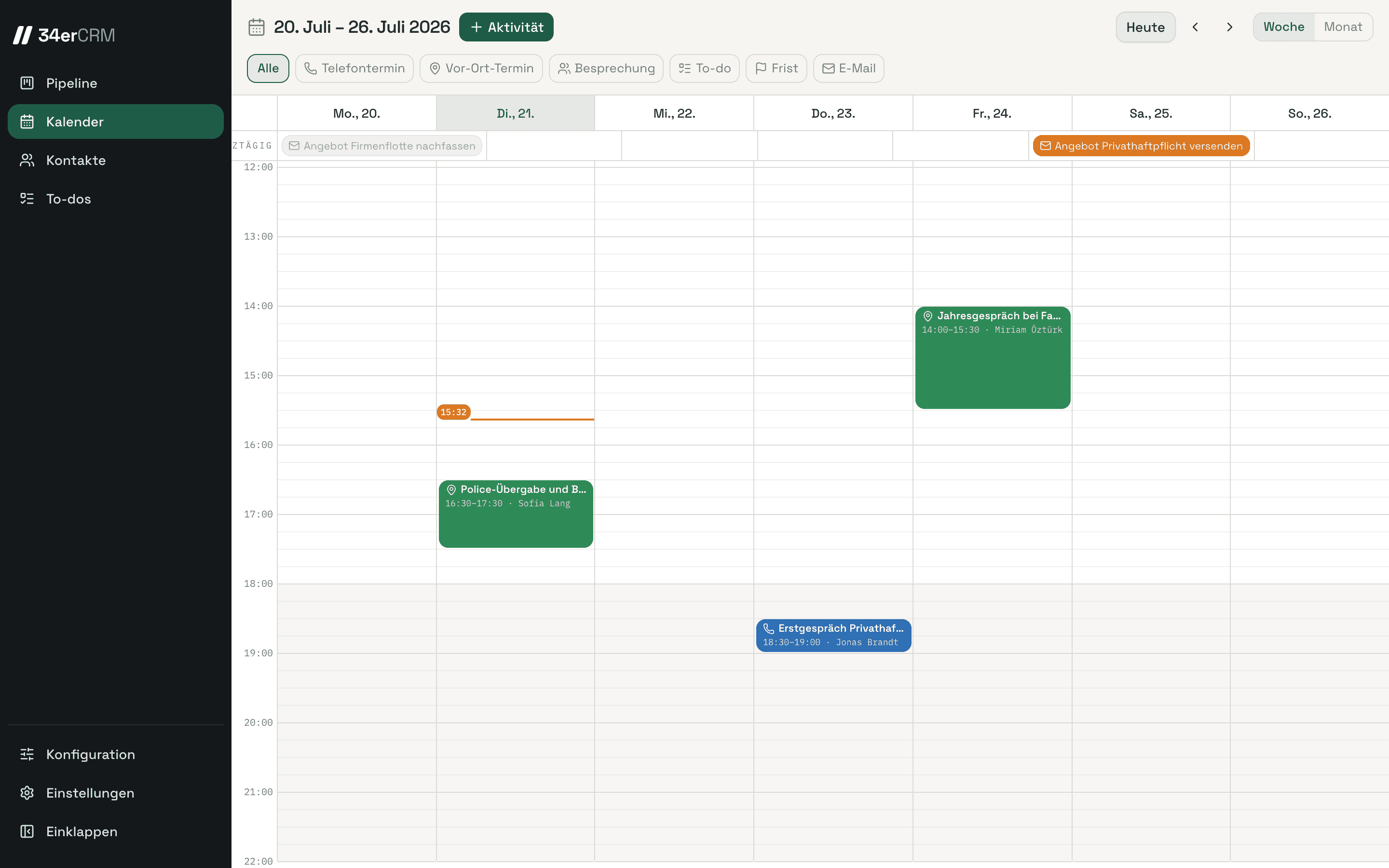 Kalender-Woche im 34erCRM · echte Beispieldaten