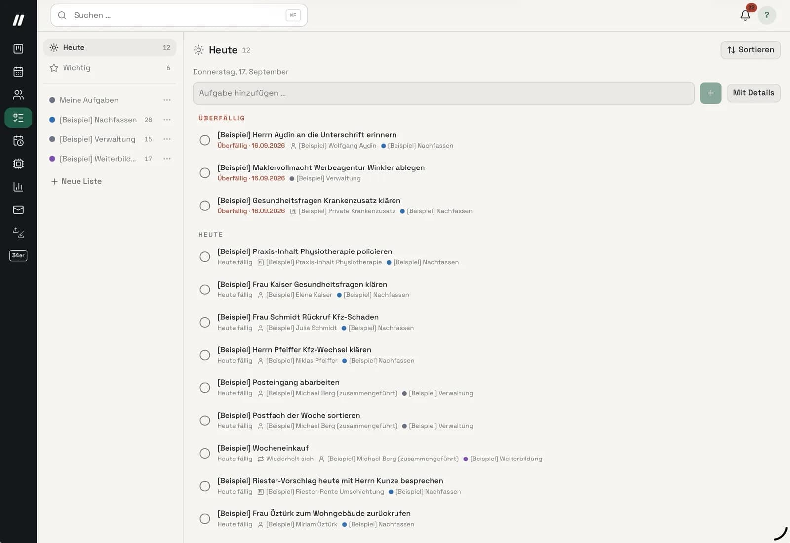 Die To-do-Ansicht „Heute“ im CRM: links die eigenen Listen, rechts die Aufgaben des Tages — zuerst die überfälligen, darunter die heute fälligen, jede mit dem Kontakt und der Liste, zu der sie gehört.